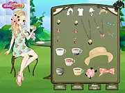 Screenshot of Coffee in the Garden free dress up game showing a girl ready for a summer coffee party in a backyard with a beautiful garden background