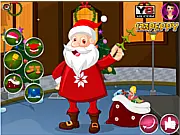 Screenshot of the free online game Santa's Fashion Makeover, showing a well-dressed Santa Claus model surrounded by clothing options like coats, hats, boots, and accessories ready for selection.