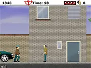 Screenshot of the Mafia Hitman 2D side-scroller game showing the player shooting a gangster in a dark city street