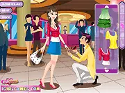 Screenshot of Romantic Proposal free online dress up game showing the character Laura with elegant dresses and accessories set against a romantic backdrop