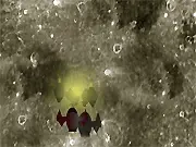 Gameplay screenshot of Moon Fighter showing a futuristic spacecraft flying over a lunar surface and firing at multiple alien enemy ships in a top-down view.