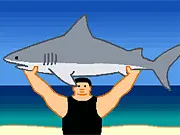 Screenshot of Shark Lifting game showing a muscular figure on a beach attempting to lift a large shark out of the ocean with a rope