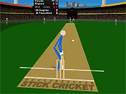 Free online game image for Stick Cricket, showing a stick figure batsman hitting a cricket ball toward the boundary.