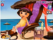 Dora at the Spa online massage game screenshot, Dora the Explorer getting a hot stone massage, free game on PlayArcadeHub