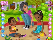 Nia is a Babysitter free online game screenshot, Nia caring for two cute babies, cheerful childcare simulation game