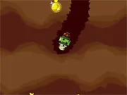 Screenshot of Mo Miner showing the miner character in a launch platform at the top of a deep vertical mine, with gems and dirt layers below and an upgrade menu visible.