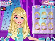 Elsa Makeover Studio free online game screenshot showing Queen Elsa getting a trendy new haircut