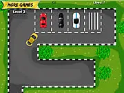 Hardest Parking free online game screenshot showing a red car maneuvering into a tight parking spot between obstacles on PlayArcadeHub