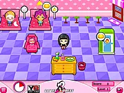 Beauty Spa Shop game screen showing a salon filled with several customers waiting for treatments and the main character rushing to serve them | Play free online time management game