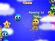 Ballie Up! game screen, showing a small character flying upward while collecting yellow stars and avoiding red balls