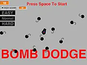 Screenshot of the Bomb Dodge Survival free online arcade game showing a small character dodging multiple bombs and explosions on a grid-like map.