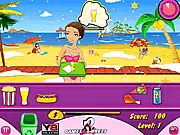 Holiday Beach Hotel game screen showing a busy seaside resort lobby with happy customers and the manager serving them | Play free online hotel management game