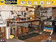 Hidden Objects: Garage game screenshot showing a messy garage scene with various tools and items to find