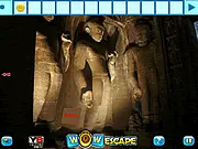 The main screen of Escape from Cave, showing a dark, damp cave interior with a mysterious torch and shadows, hinting at an escape puzzle.