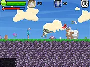 Screenshot of I Hate Candy game showing the protagonist character shooting an enemy bear in a destructible, blocky platform level.