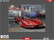 Ferrari Jigsaw puzzle game screenshot showing a red sports car image being completed, with multiple difficulty levels, play free online.