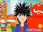 Big Hero 6 Hair Salon game online free, Hiro Hamada sitting in a barber chair getting his hair styled by a player, Baymax nearby