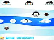 Screenshot of Winter Penguin Adventure game showing Mr. Popper the penguin jumping on an ice platform to collect a fish