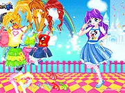 Screenshot of the Candy Colors Castle Dress Up game interface showing a girl model and a menu of brightly colored gowns and accessories. Play free online fashion game.