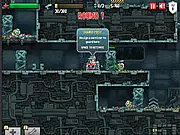 A soldier fighting off a massive horde of green zombies in a ruined space station corridor, Zombinsanity game screenshot