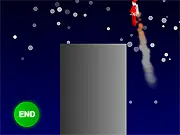 Santa Claus flying with a jetpack, narrowly avoiding a sharp obstacle in the challenging Santa's JetPack free online arcade game.