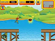Bart Simpson running and jumping over a broken wooden ramp on a beach in the Run Bart Run online game