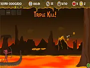 Gameplay screenshot of Hell Archery 2 showing a stick figure target suspended by a rope, with a bow and arrow aiming line, against a fiery red underworld backdrop