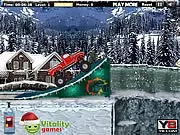 Heavy Wheels On Snow free game: a red monster truck balancing on a snowy, difficult off-road track, intense driving game online