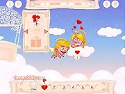 Screenshot of Cupid Gift game showing a celestial shop counter and various magical items for sale with a timer and customer queue. Play free online management game.